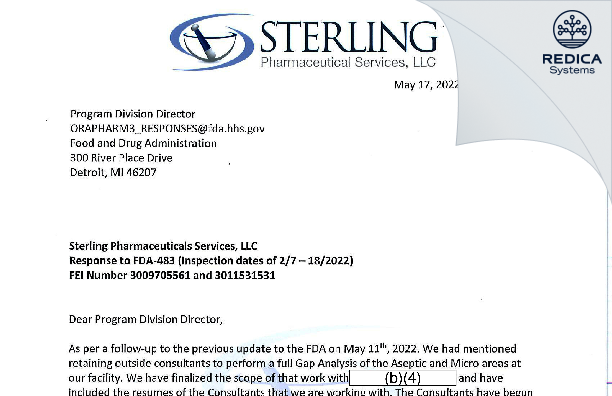FDA 483 Response - Sterling Pharmaceutical Services, LLC [East Carondelet / United States of America] - Download PDF - Redica Systems