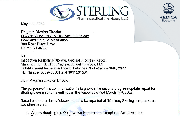 FDA 483 Response - Sterling Pharmaceutical Services, LLC [East Carondelet / United States of America] - Download PDF - Redica Systems