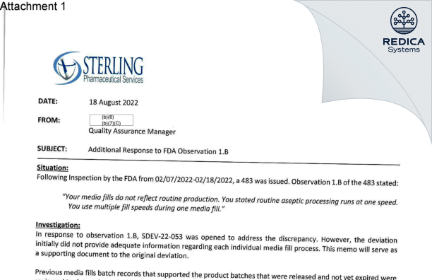 FDA 483 Response - Sterling Pharmaceutical Services, LLC [East Carondelet / United States of America] - Download PDF - Redica Systems