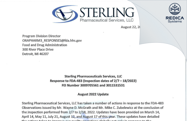 FDA 483 Response - Sterling Pharmaceutical Services, LLC [East Carondelet / United States of America] - Download PDF - Redica Systems