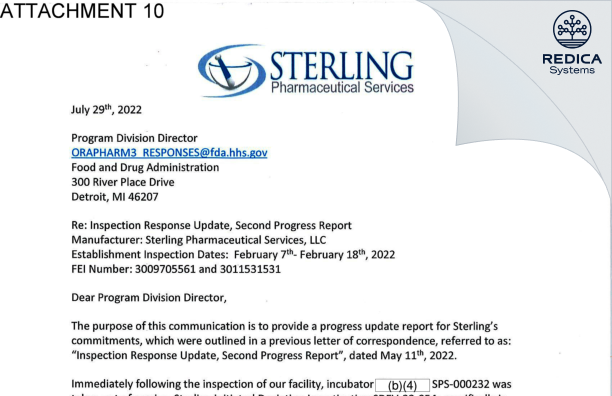 FDA 483 Response - Sterling Pharmaceutical Services, LLC [East Carondelet / United States of America] - Download PDF - Redica Systems