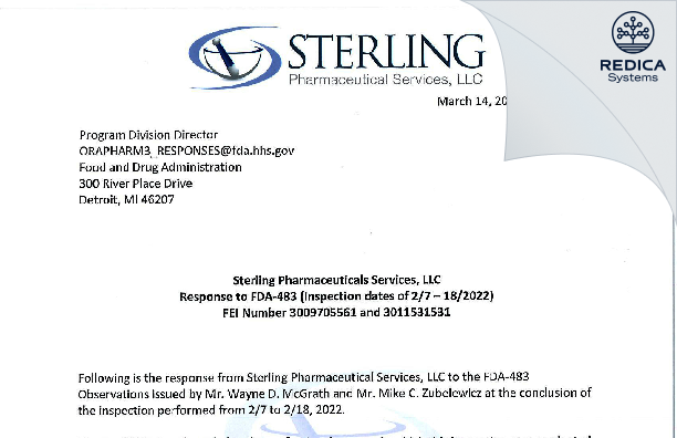 FDA 483 Response - Sterling Pharmaceutical Services, LLC [East Carondelet / United States of America] - Download PDF - Redica Systems