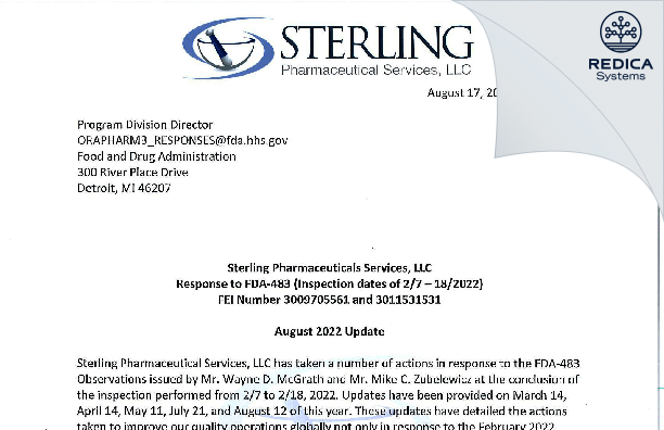 FDA 483 Response - Sterling Pharmaceutical Services, LLC [East Carondelet / United States of America] - Download PDF - Redica Systems