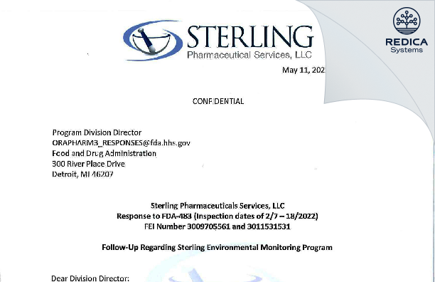 FDA 483 Response - Sterling Pharmaceutical Services, LLC [East Carondelet / United States of America] - Download PDF - Redica Systems