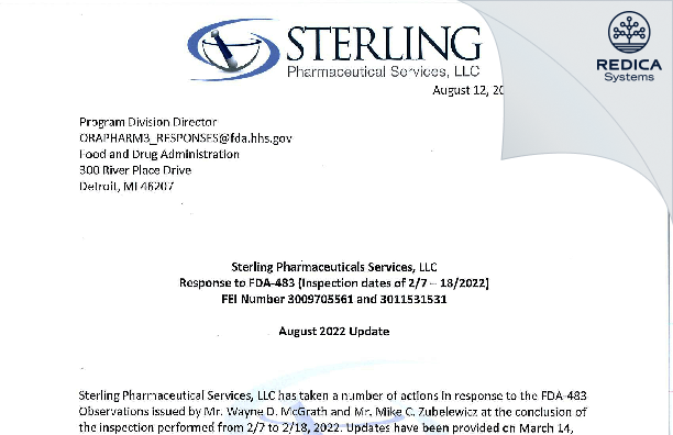 FDA 483 Response - Sterling Pharmaceutical Services, LLC [East Carondelet / United States of America] - Download PDF - Redica Systems