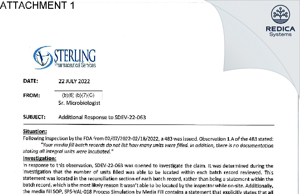FDA 483 Response - Sterling Pharmaceutical Services, LLC [East Carondelet / United States of America] - Download PDF - Redica Systems