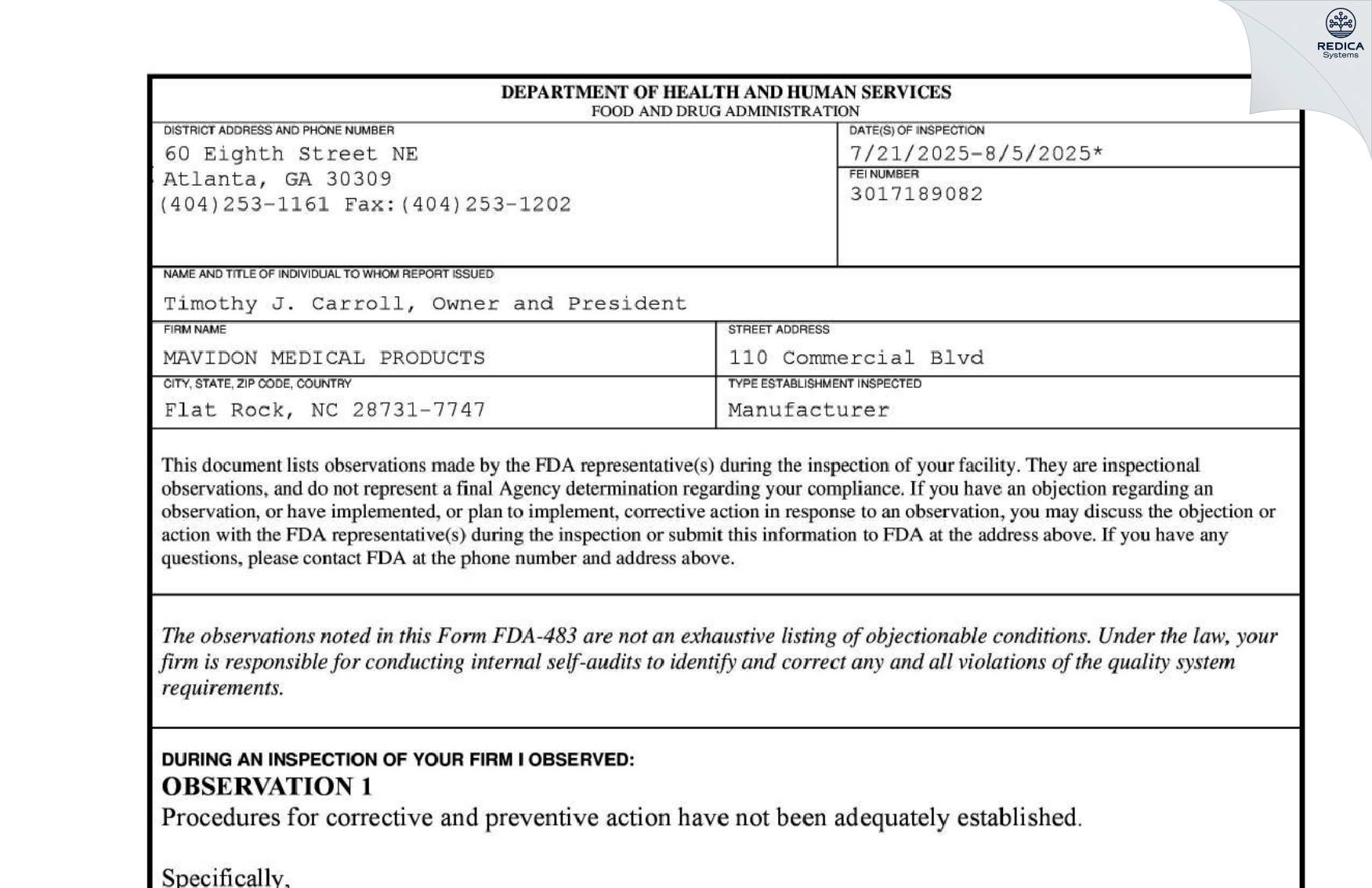 FDA 483 - MAVIDON MEDICAL PROD [Flat Rock / United States of America] - Download PDF - Redica Systems