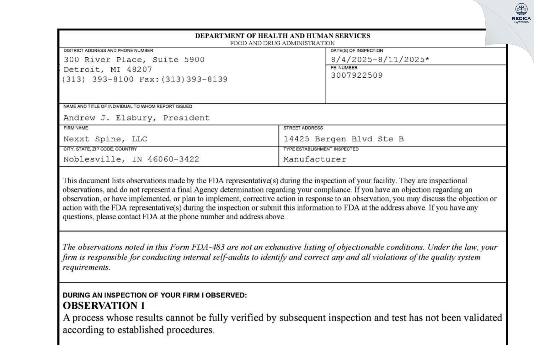 FDA 483 - Nexxt Spine, Llc [Noblesville / United States of America] - Download PDF - Redica Systems