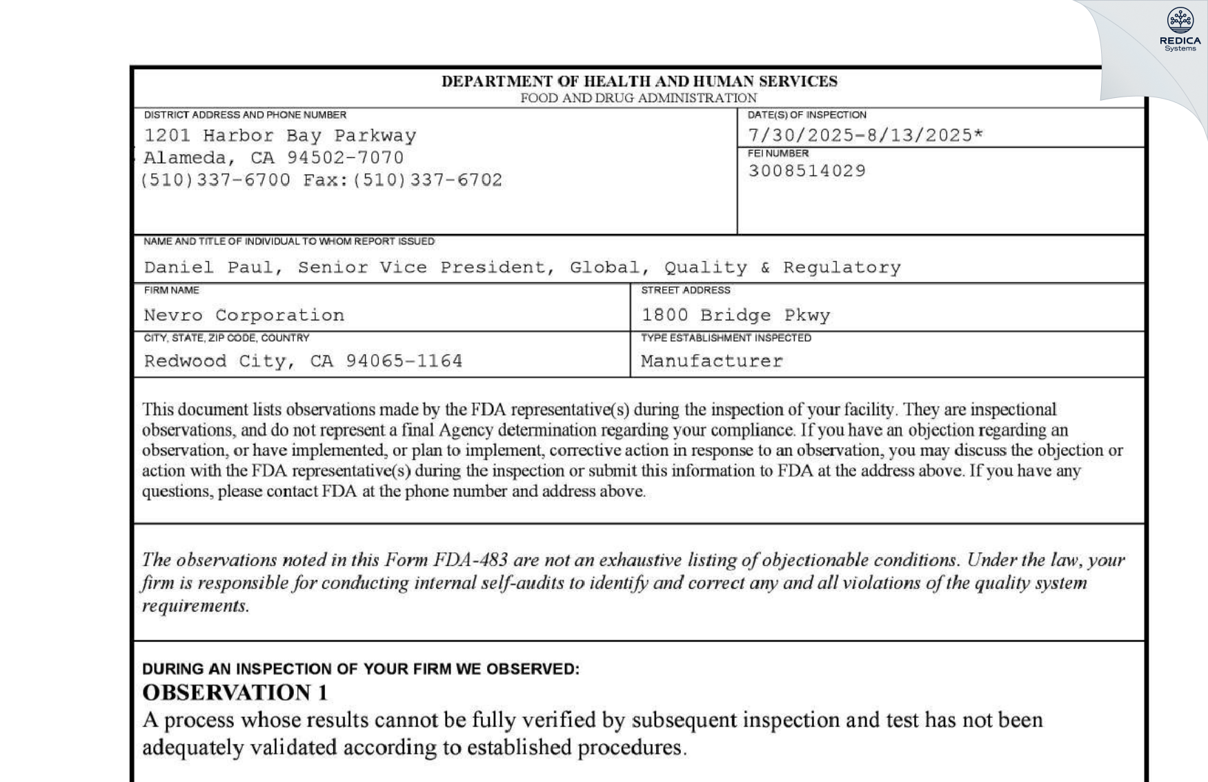 FDA 483 - Nevro Corporation [Redwood City / United States of America] - Download PDF - Redica Systems