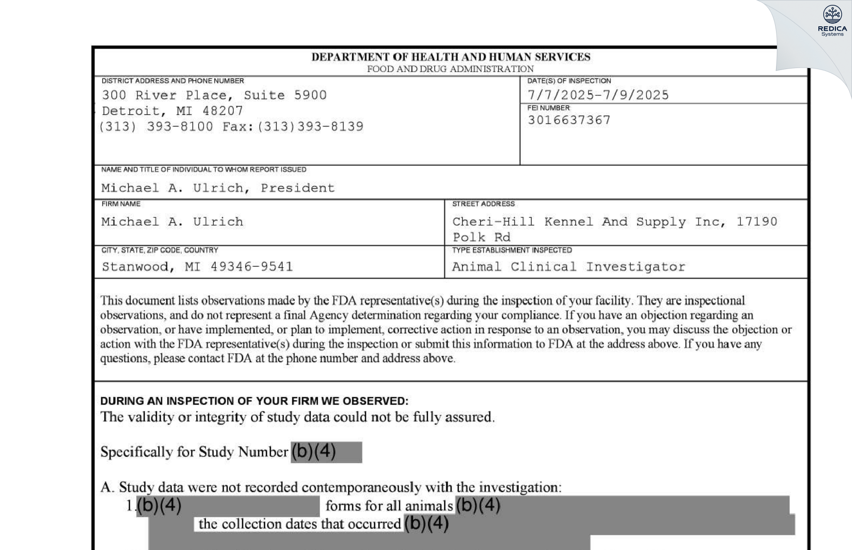 FDA 483 - Michael A. Ulrich [Stanwood / United States of America] - Download PDF - Redica Systems