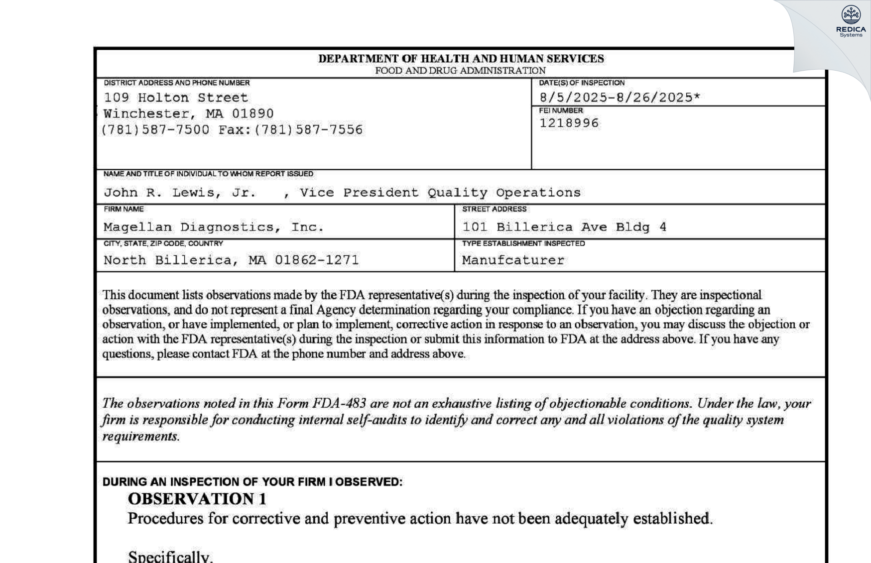 FDA 483 - Magellan Diagnostics, Inc. [North Billerica / United States of America] - Download PDF - Redica Systems