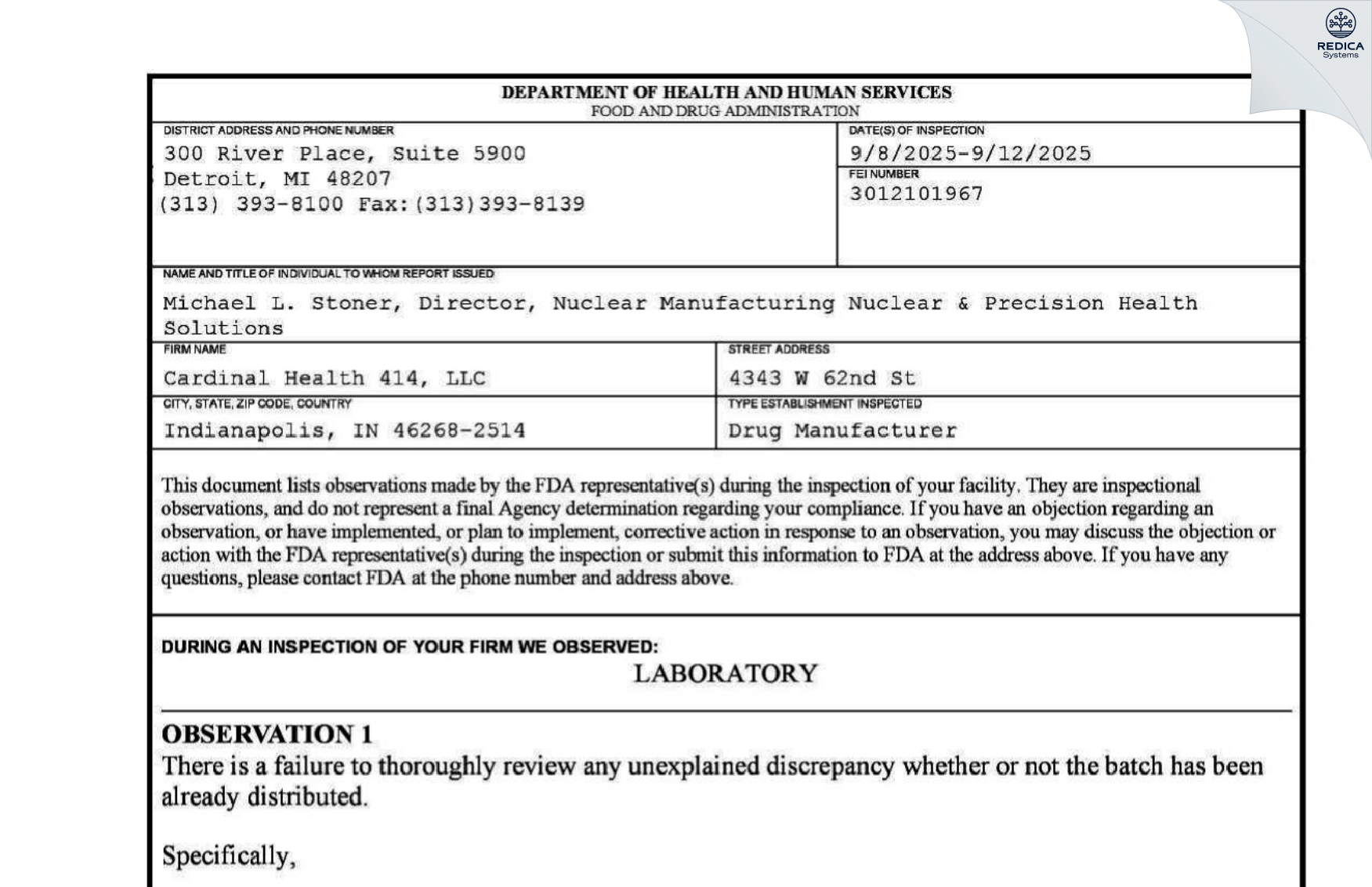 FDA 483 - Cardinal Health 414, LLC [Indianapolis / United States of America] - Download PDF - Redica Systems