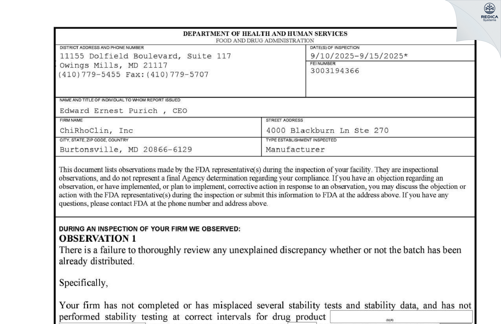 FDA 483 - ChiRhoClin, Inc [Burtonsville / United States of America] - Download PDF - Redica Systems