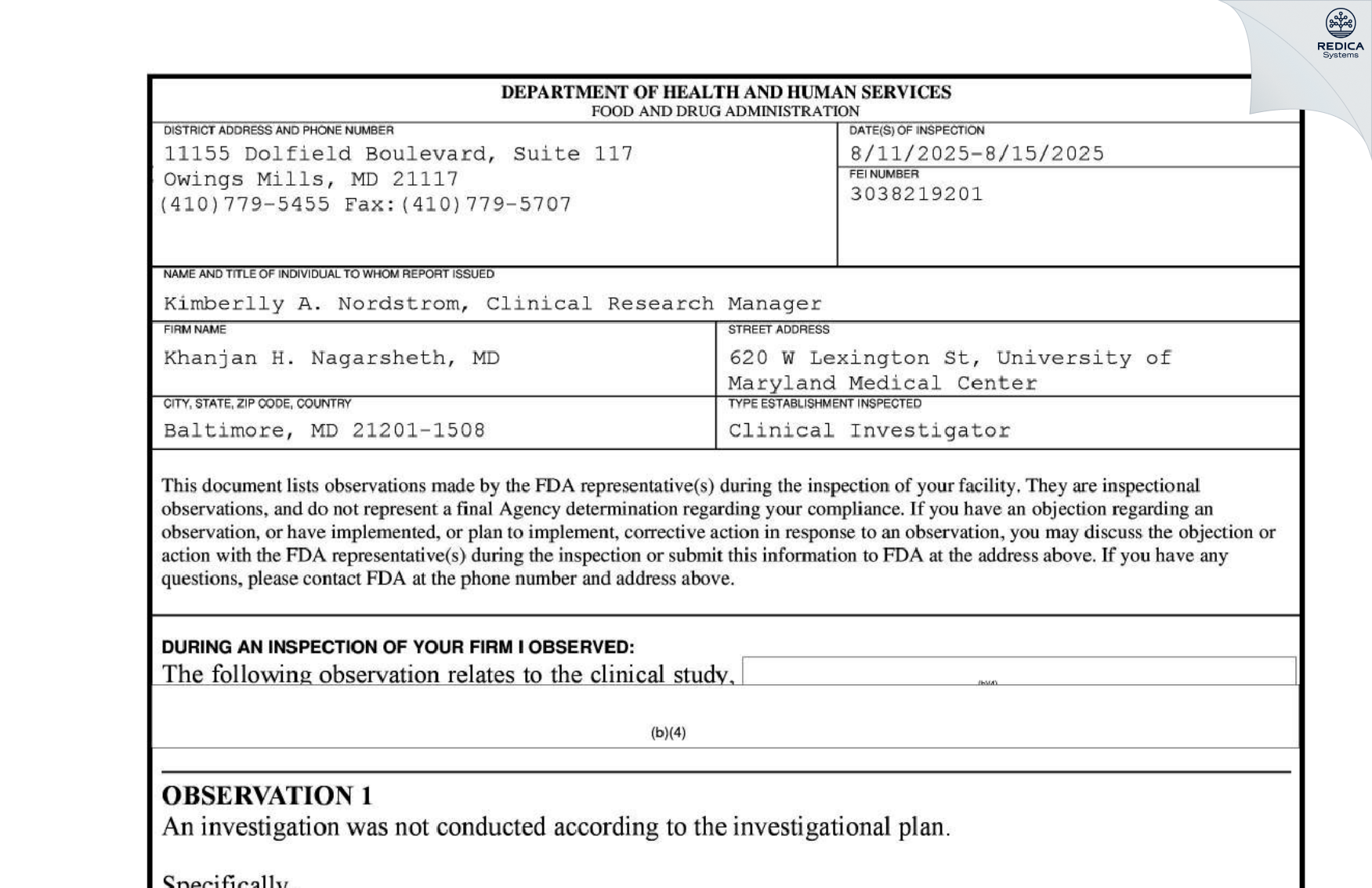 FDA 483 - Khanjan Nagarsheth Md [Baltimore / United States of America] - Download PDF - Redica Systems