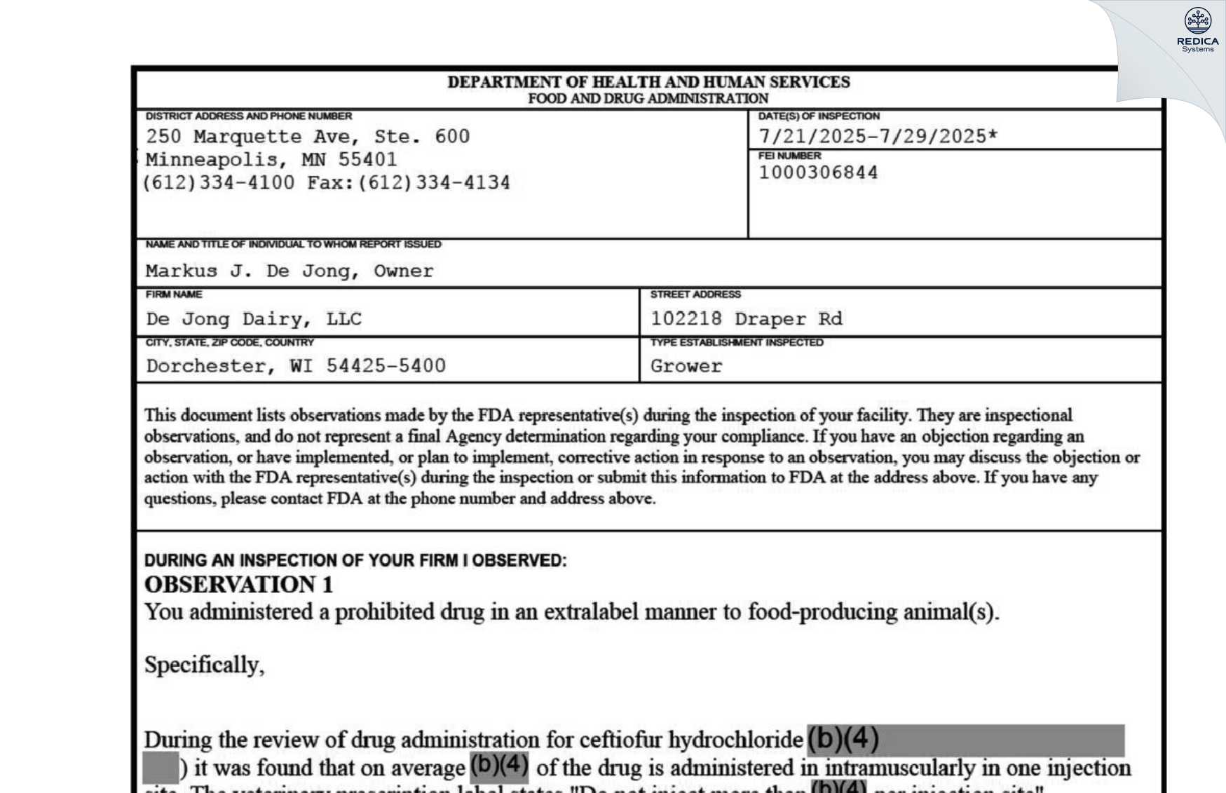 FDA 483 - De Jong Dairy, LLC [Dorchester / United States of America] - Download PDF - Redica Systems