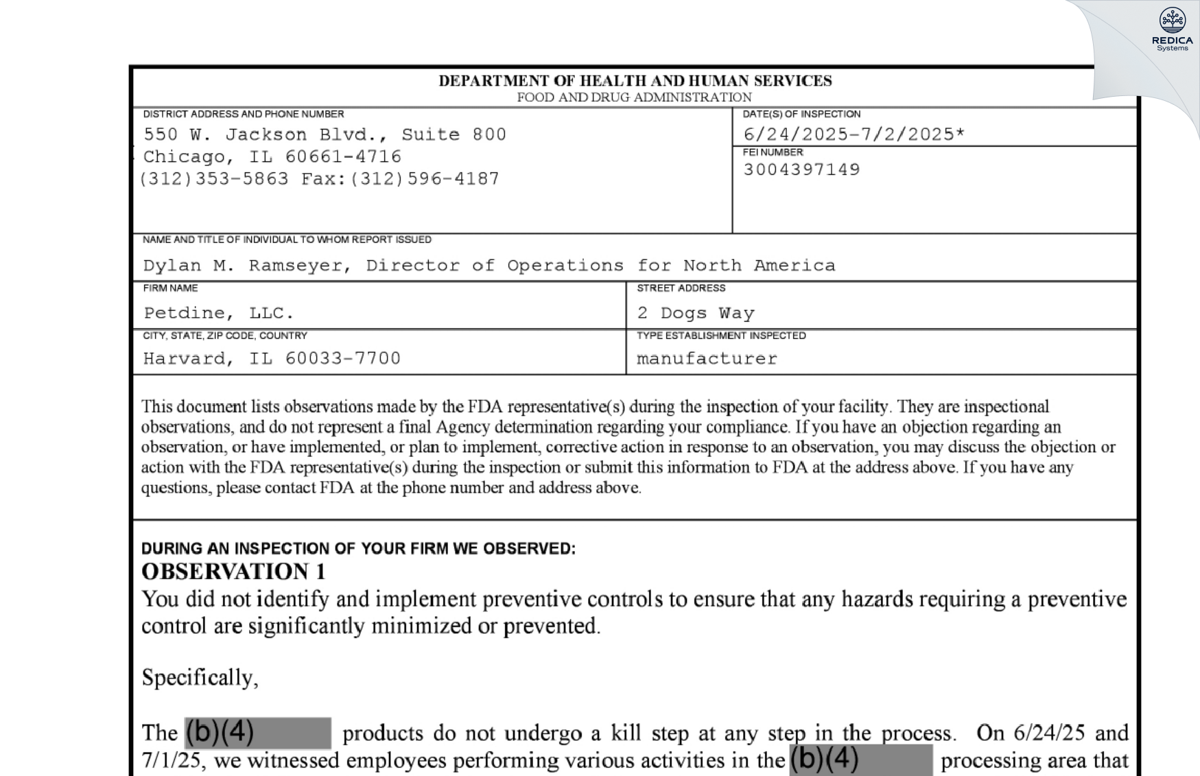 FDA 483 - Pedigree Ovens [Harvard / United States of America] - Download PDF - Redica Systems