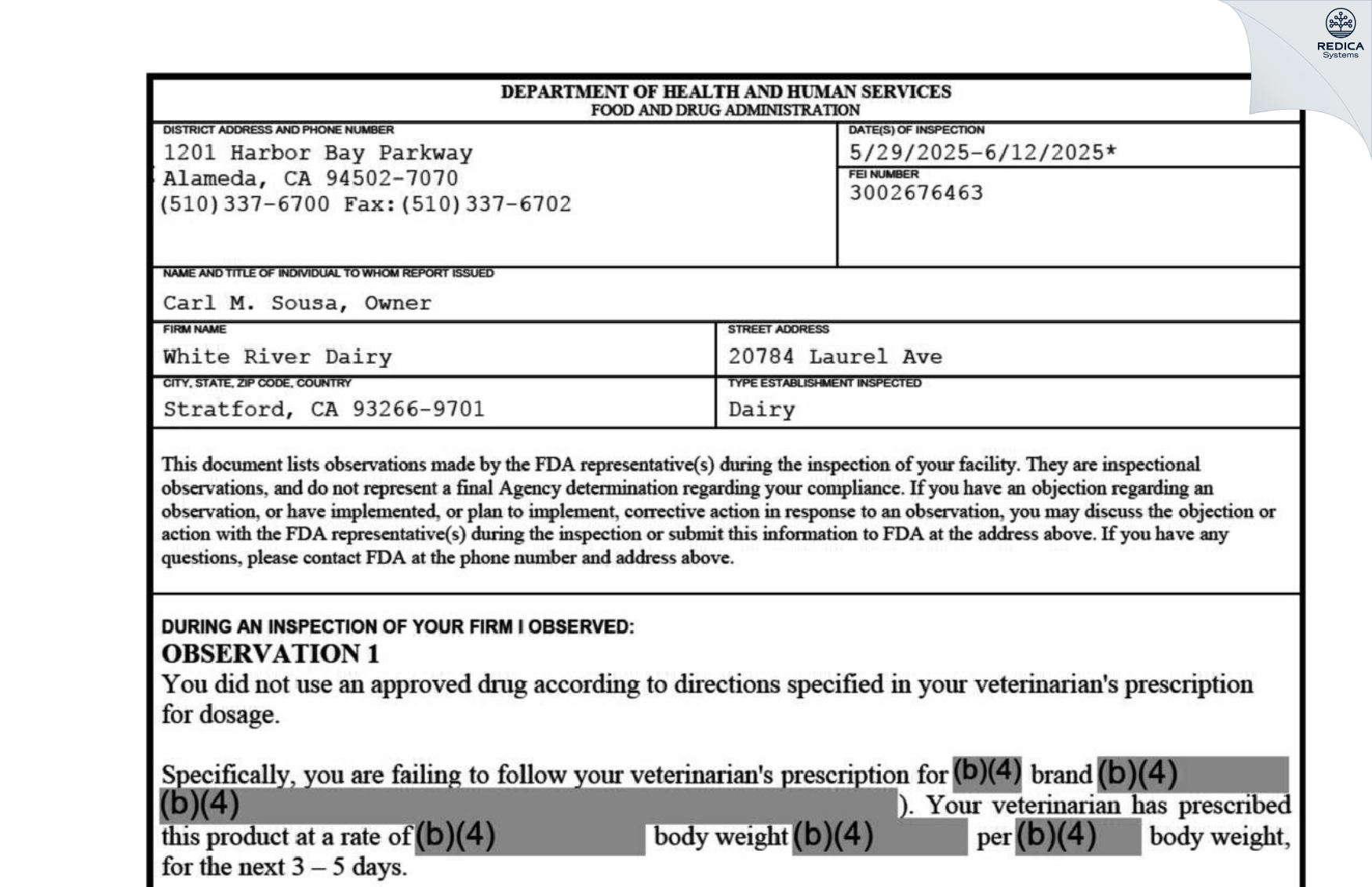 FDA 483 - White River Dairy [Stratford / United States of America] - Download PDF - Redica Systems