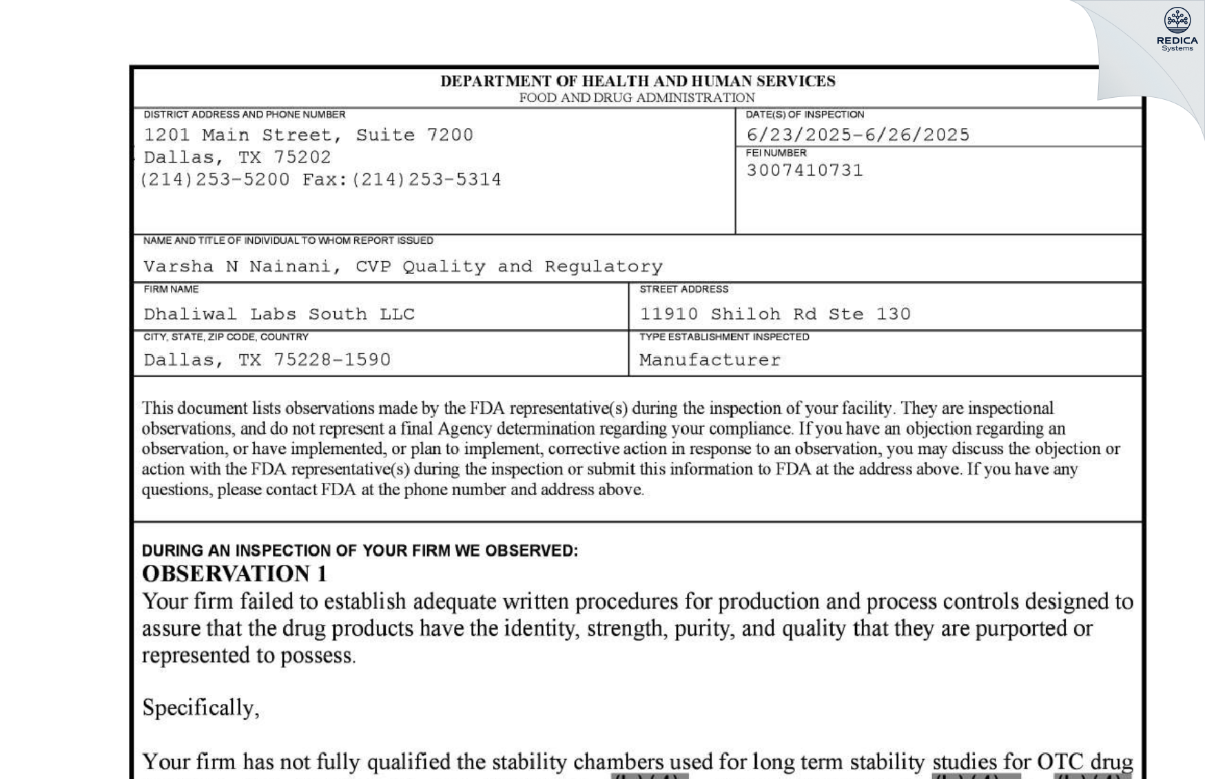 FDA 483 - Dhaliwal Laboratories, LLC [Dallas / United States of America] - Download PDF - Redica Systems