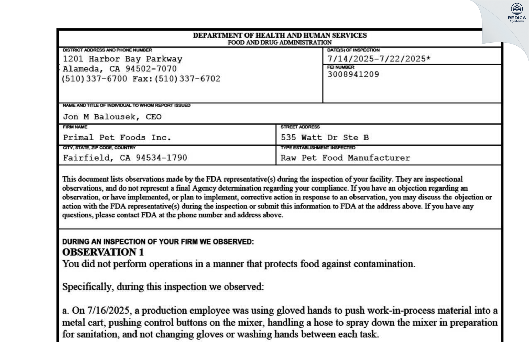 FDA 483 - Primal Pet Foods Inc. [Fairfield / United States of America] - Download PDF - Redica Systems