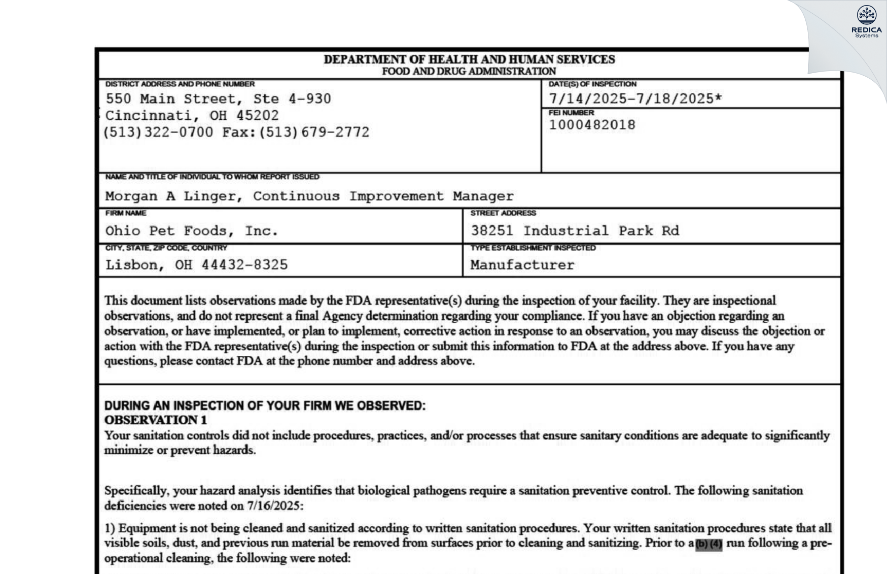 FDA 483 - Ohio Pet Foods, Inc. [Lisbon / United States of America] - Download PDF - Redica Systems