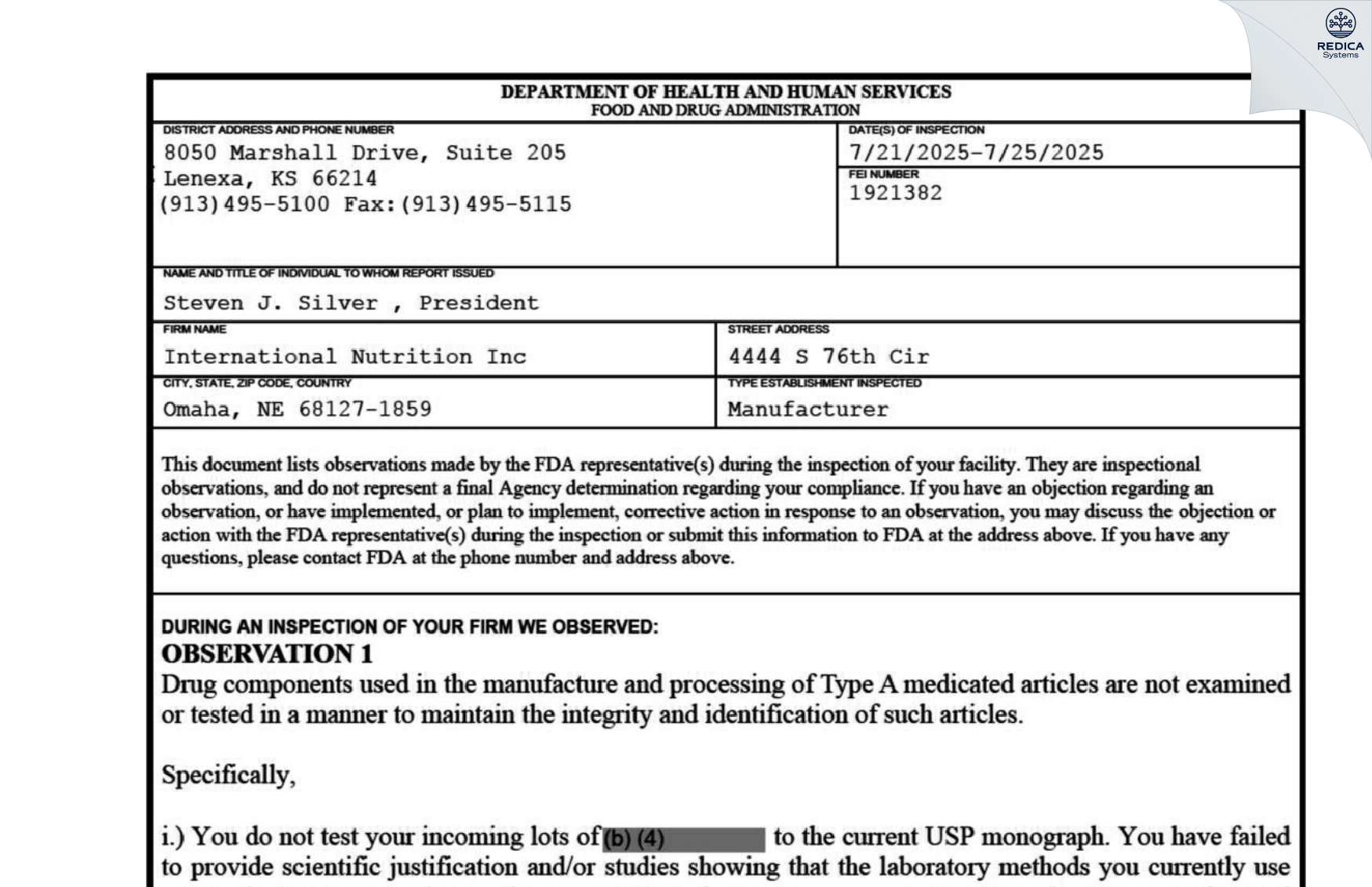 FDA 483 - International Nutrition, Inc. [Omaha / United States of America] - Download PDF - Redica Systems