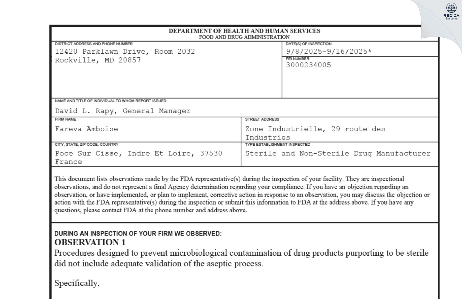 FDA 483 - Fareva Amboise [Pocé-Sur-Cisse / France] - Download PDF - Redica Systems