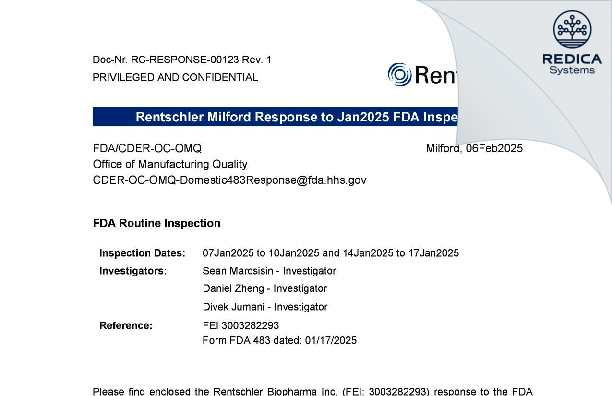 FDA 483 Response - Rentschler Biopharma Inc. [Milford / United States of America] - Download PDF - Redica Systems