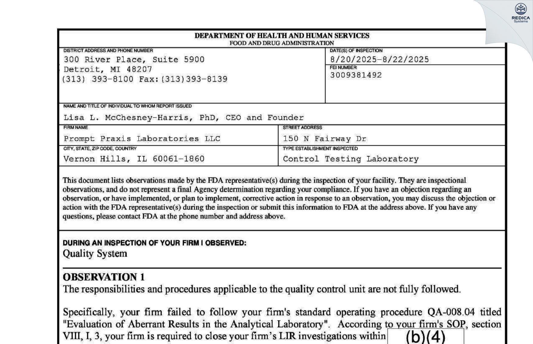 FDA 483 - PROMPT PRAXIS LABORATORIES LLC [Vernon Hills / United States of America] - Download PDF - Redica Systems