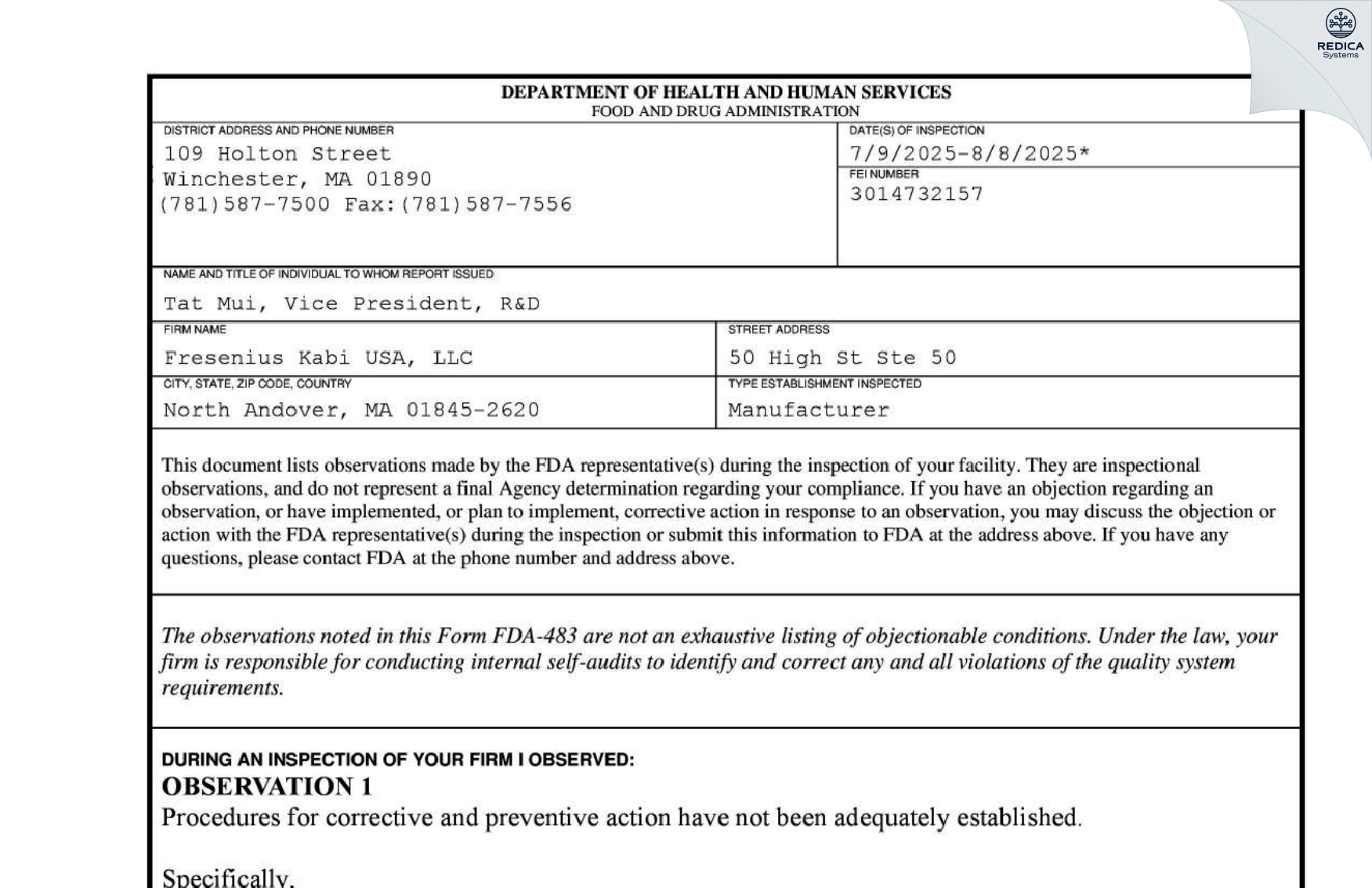 FDA 483 - Fresenius Kabi USA, LLC [North Andover / United States of America] - Download PDF - Redica Systems