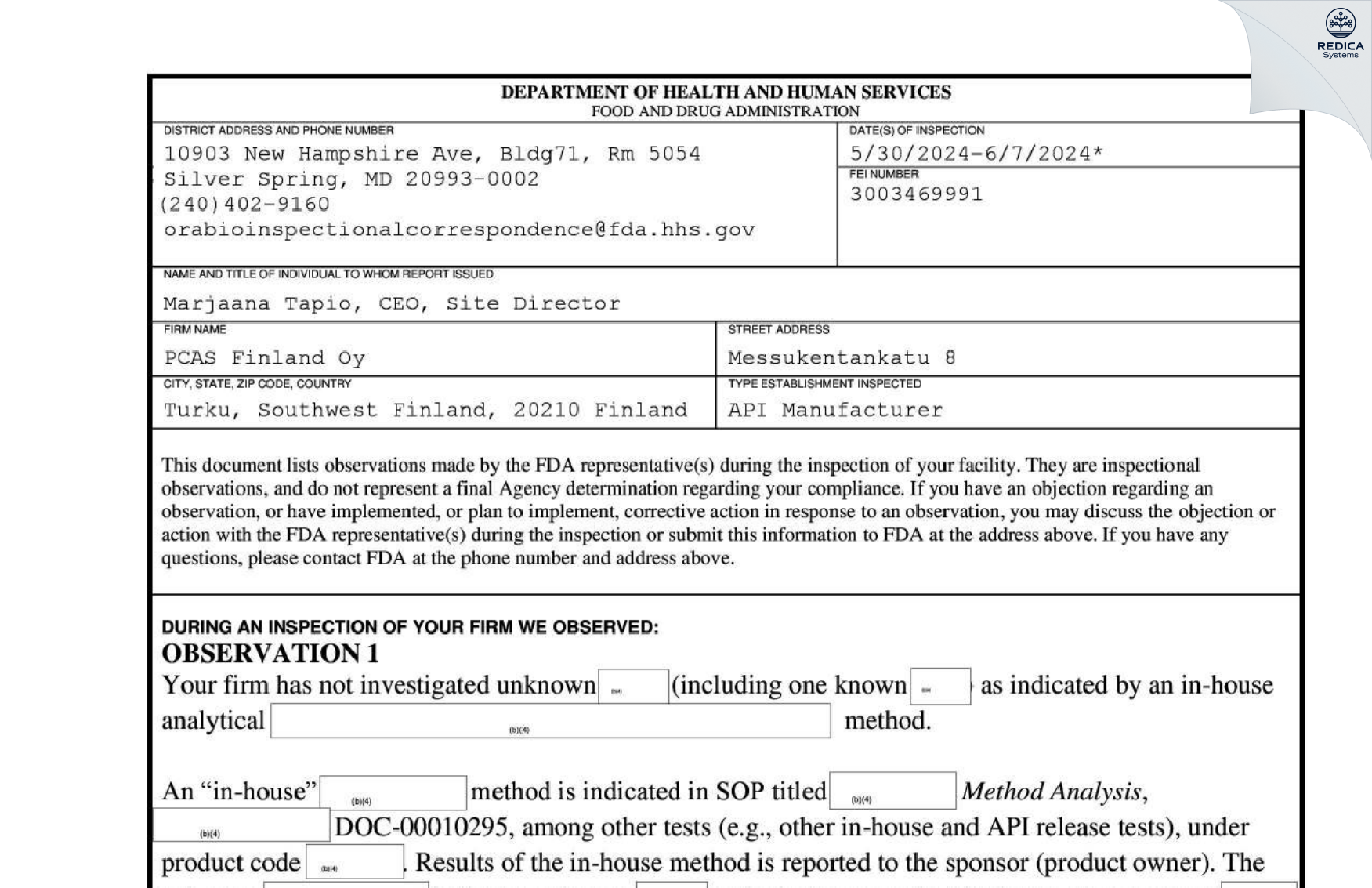 FDA 483 - PCAS FINLAND OY [Turku / Finland] - Download PDF - Redica Systems