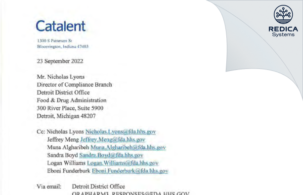 FDA 483 Response - Catalent Indiana, LLC [Bloomington / United States of America] - Download PDF - Redica Systems