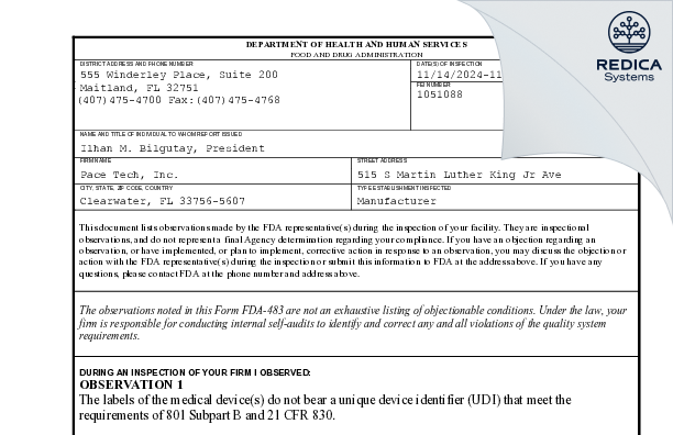 FDA 483 - Pace Tech, Inc. [Clearwater / United States of America] - Download PDF - Redica Systems