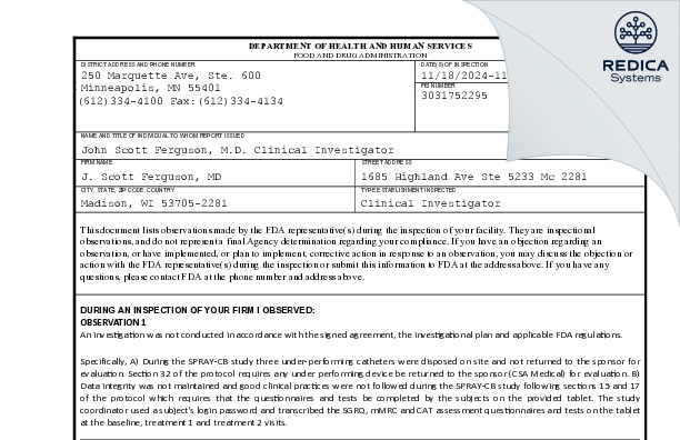 FDA 483 - J. Scott Ferguson, MD [Madison / United States of America] - Download PDF - Redica Systems