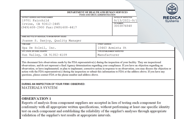 FDA 483 - spa de soleil [Sun Valley / United States of America] - Download PDF - Redica Systems
