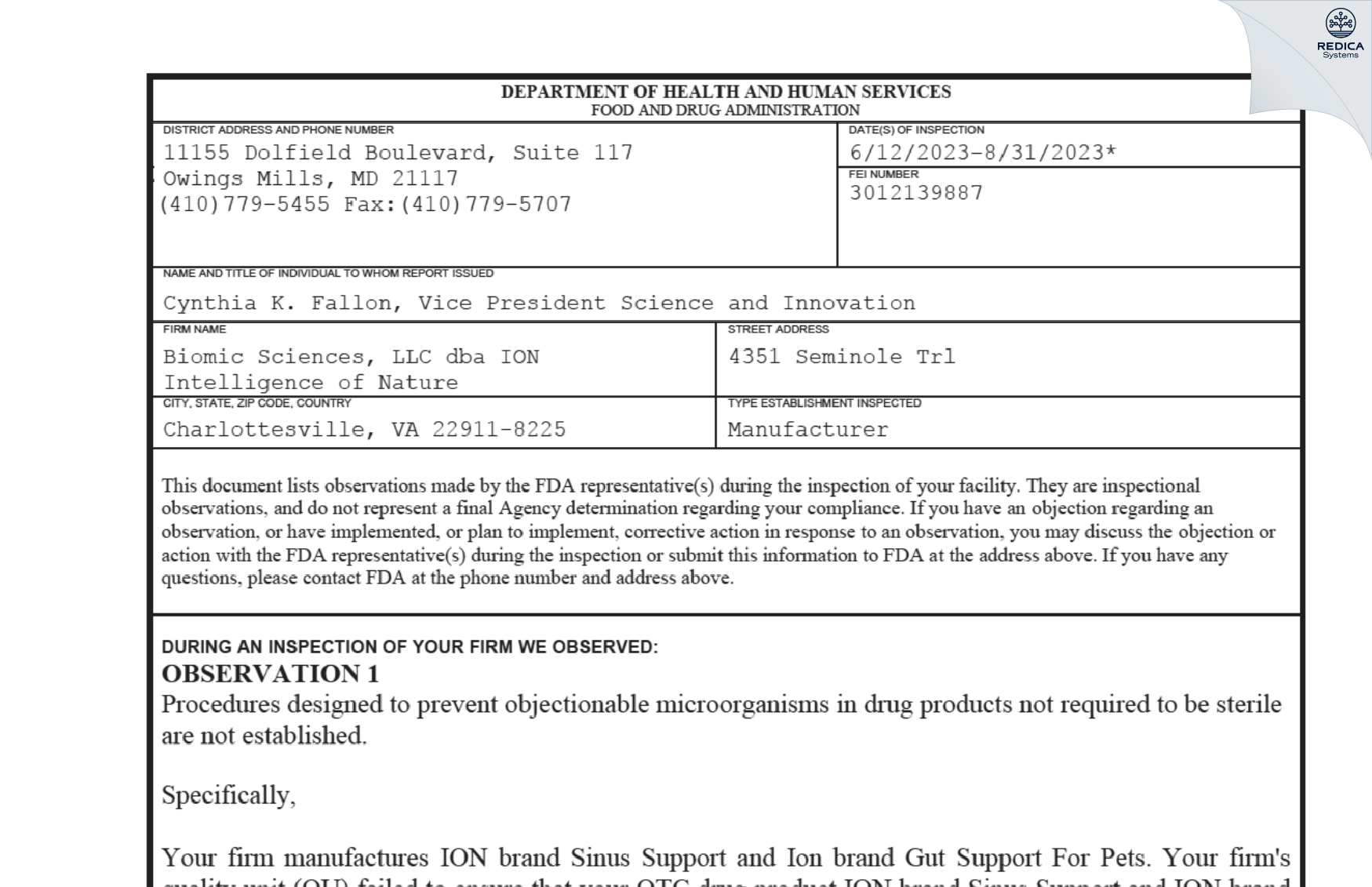 FDA 483 - Biomic Sciences, LLC dba ION Intelligence of Nature [Charlottesville / United States of America] - Download PDF - Redica Systems