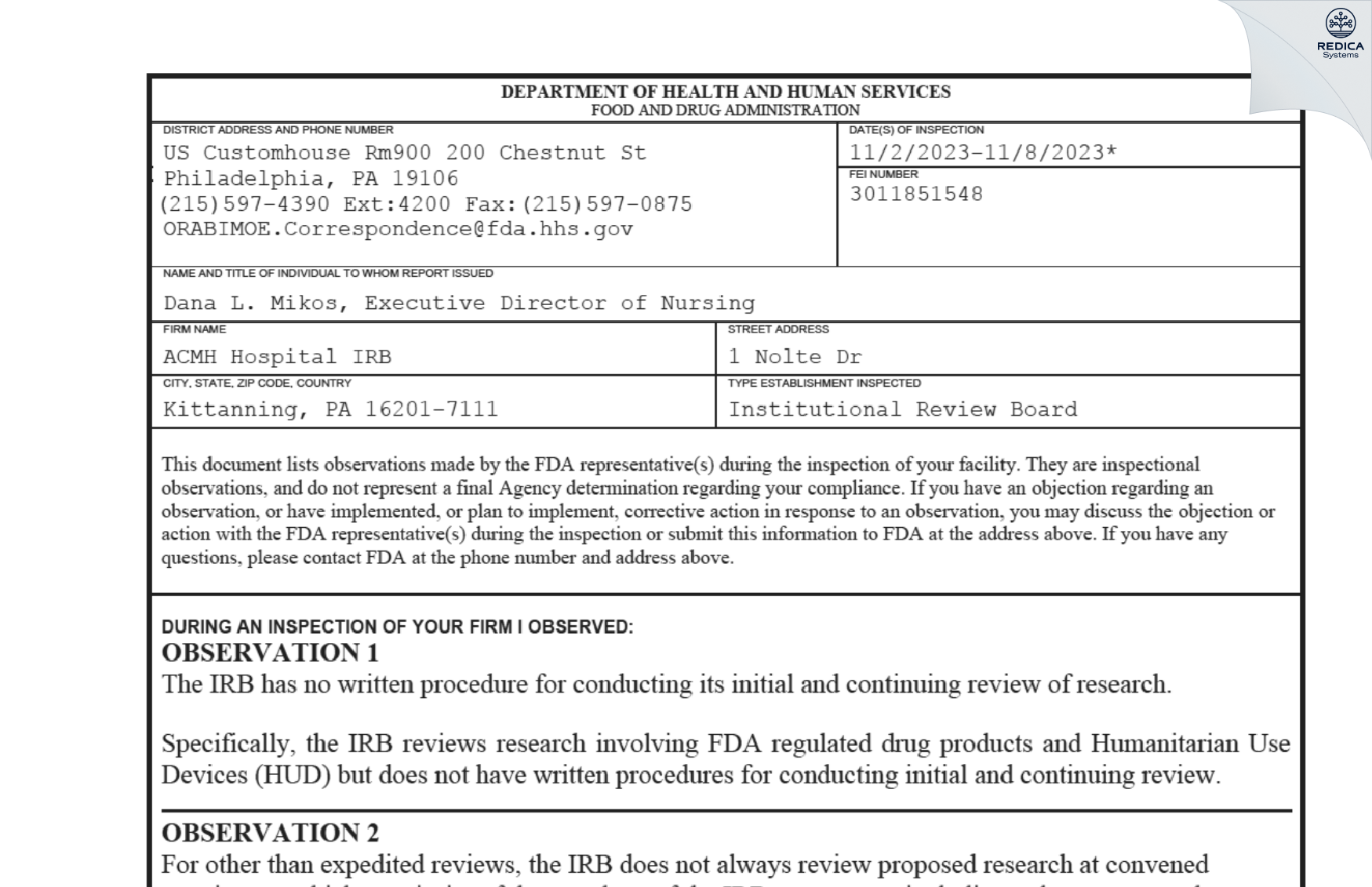 FDA 483 - ACMH Hospital IRB [Kittanning / United States of America] - Download PDF - Redica Systems