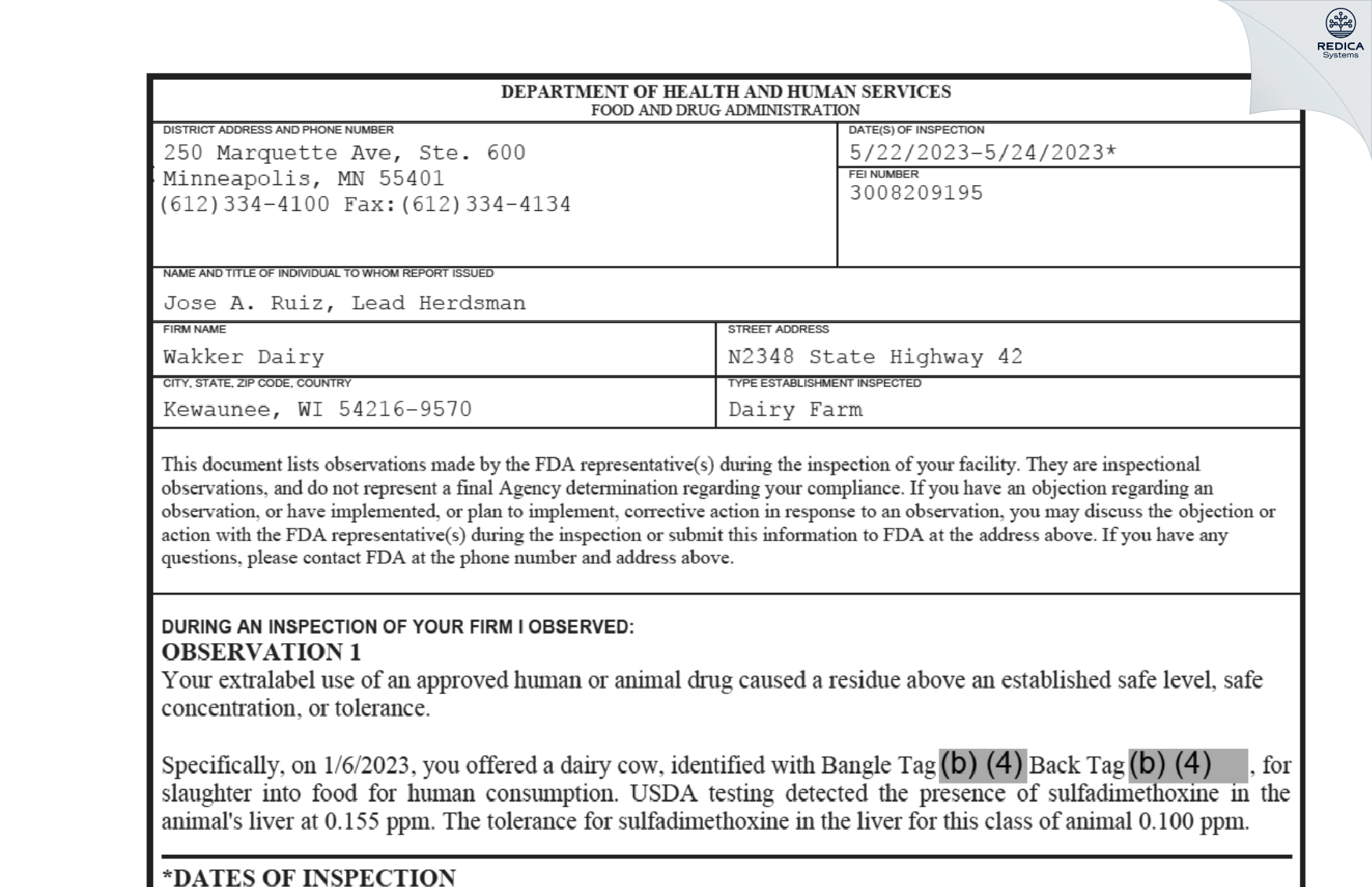 FDA 483 - WAKKER DAIRY FARM LLC [Kewaunee / United States of America] - Download PDF - Redica Systems