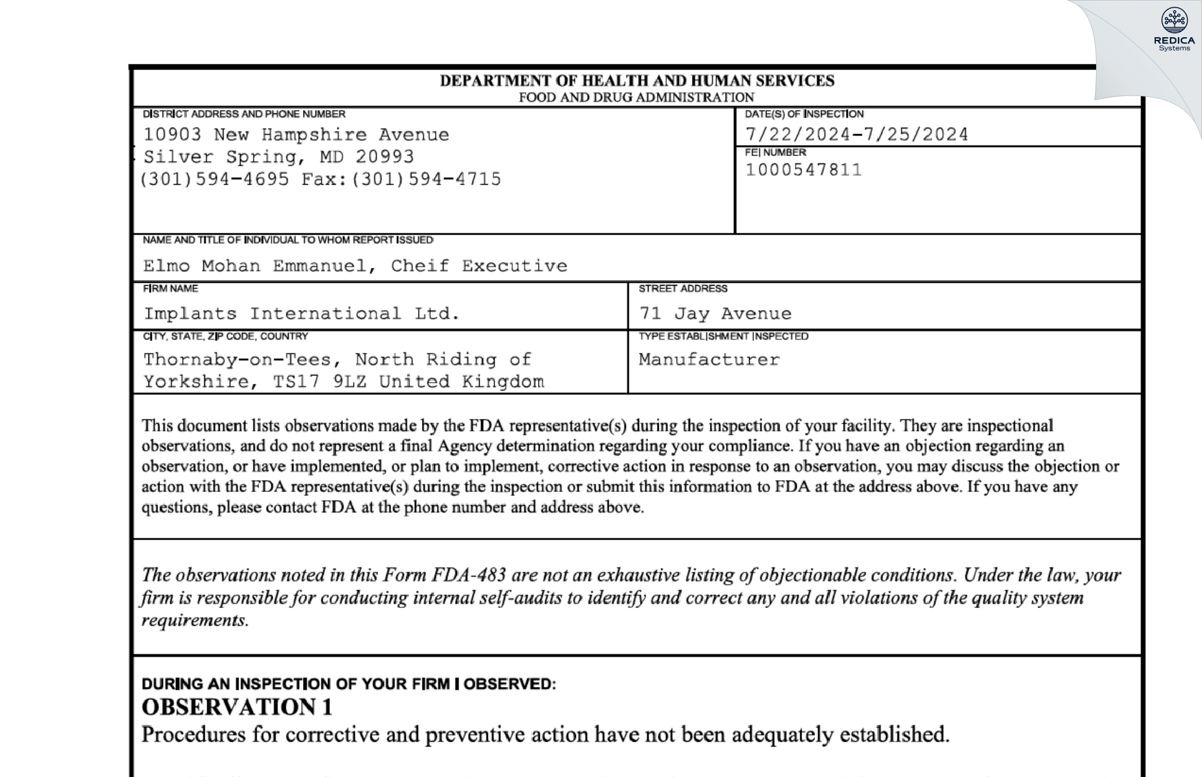 FDA 483 - Implants International Ltd. [Stockton-On-Tees / United Kingdom of Great Britain and Northern Ireland] - Download PDF - Redica Systems