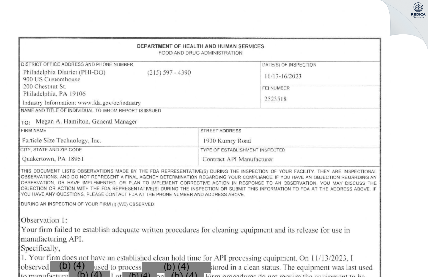FDA 483 - Particle Size Technology, Inc. [Quakertown / United States of America] - Download PDF - Redica Systems