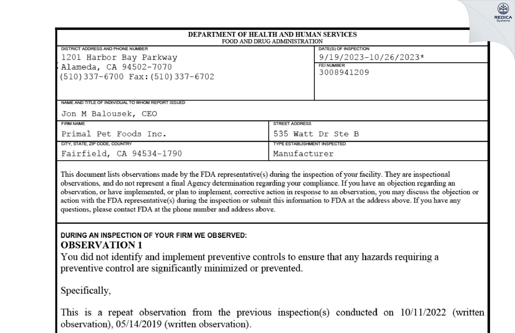 FDA 483 - Primal Pet Foods Inc. [Fairfield / United States of America] - Download PDF - Redica Systems