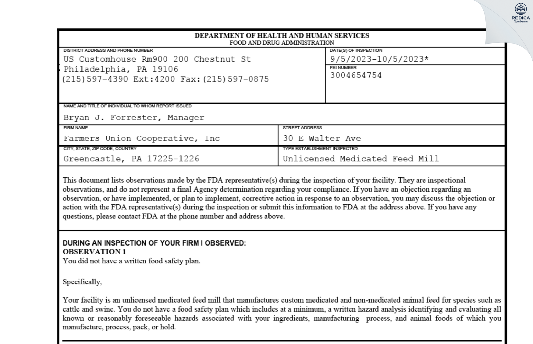 FDA 483 - Farmers Union Cooperative, Inc [Greencastle / United States of America] - Download PDF - Redica Systems