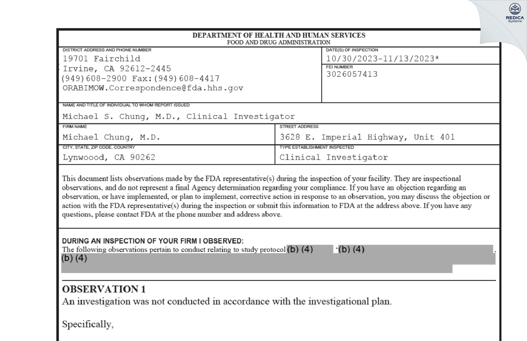 FDA 483 - Michael Chung, M.D. [Lynwood / United States of America] - Download PDF - Redica Systems