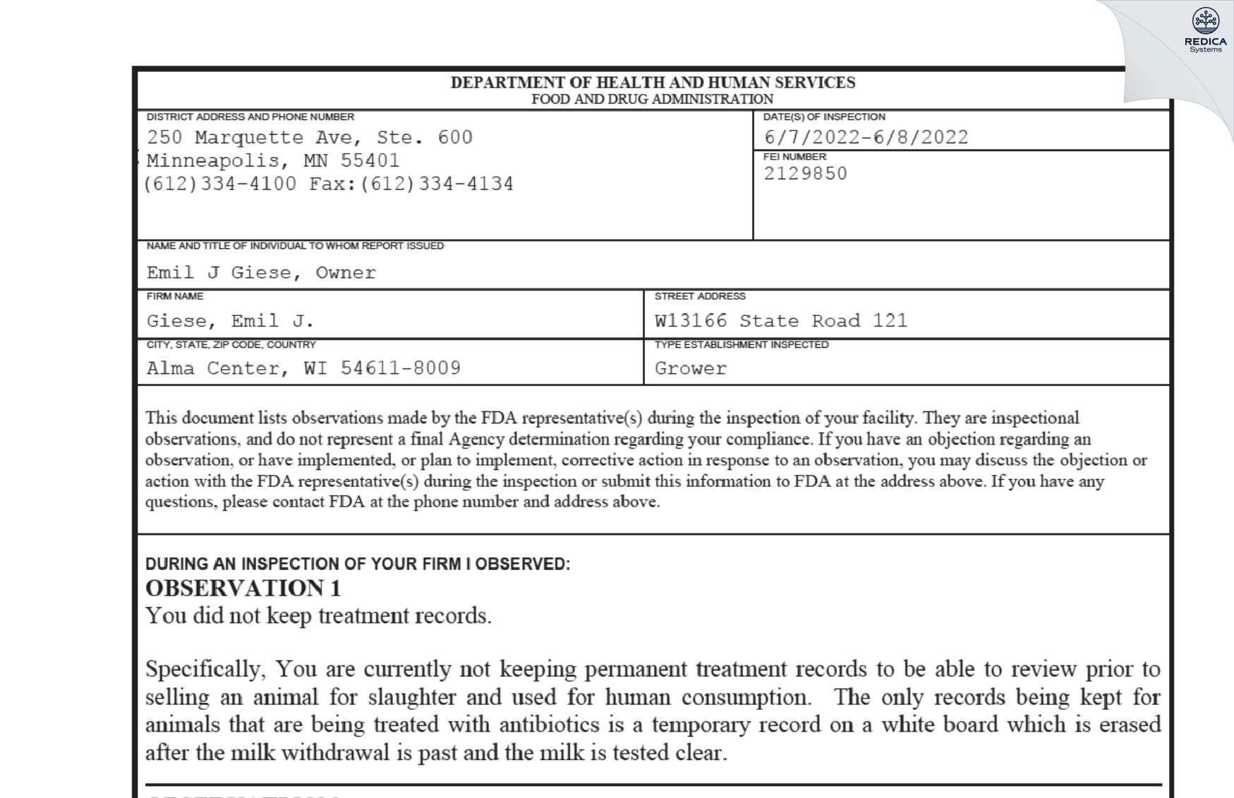 FDA 483 - Giese, Emil J. [Alma Center / United States of America] - Download PDF - Redica Systems