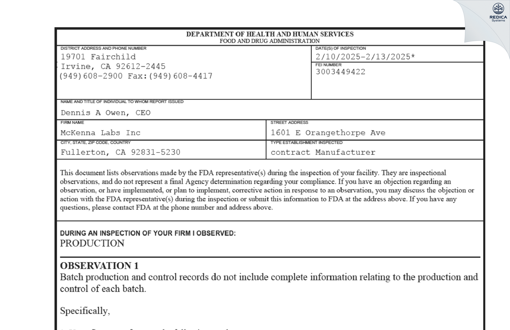 FDA 483 - MCKENNA LABS, INC. [Fullerton / United States of America] - Download PDF - Redica Systems