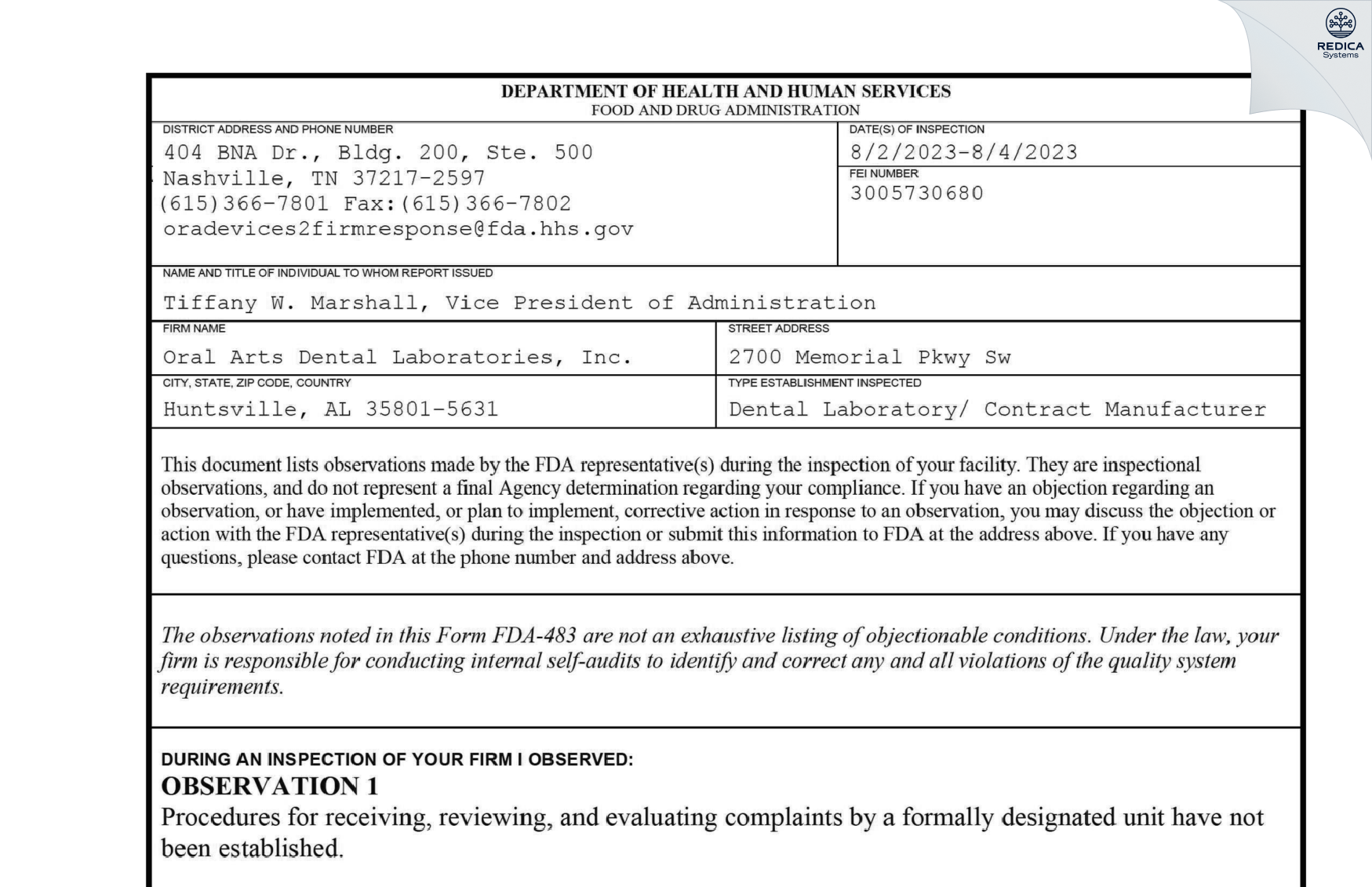 FDA 483 - Oral Arts Dental Laboratories, Inc. [Huntsville / United States of America] - Download PDF - Redica Systems