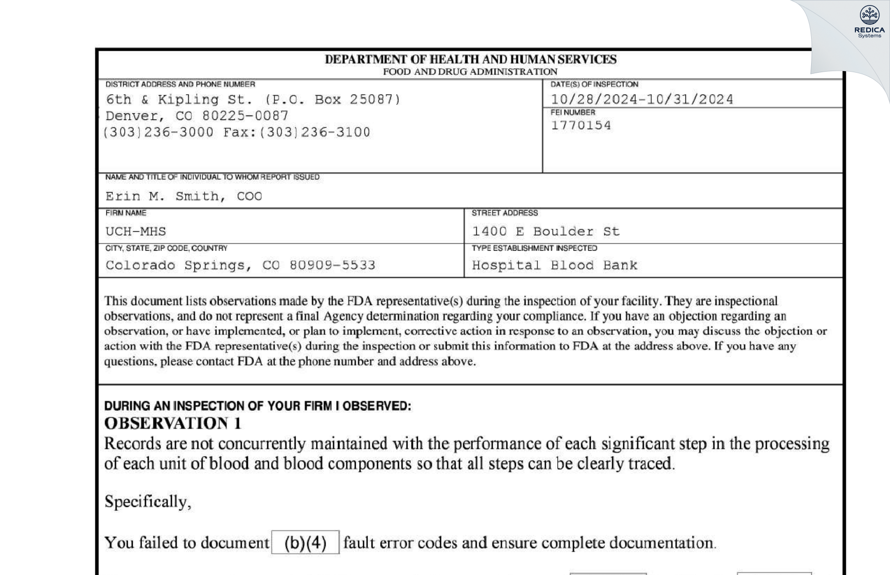 FDA 483 - UCH-MHS [Colorado Springs / United States of America] - Download PDF - Redica Systems