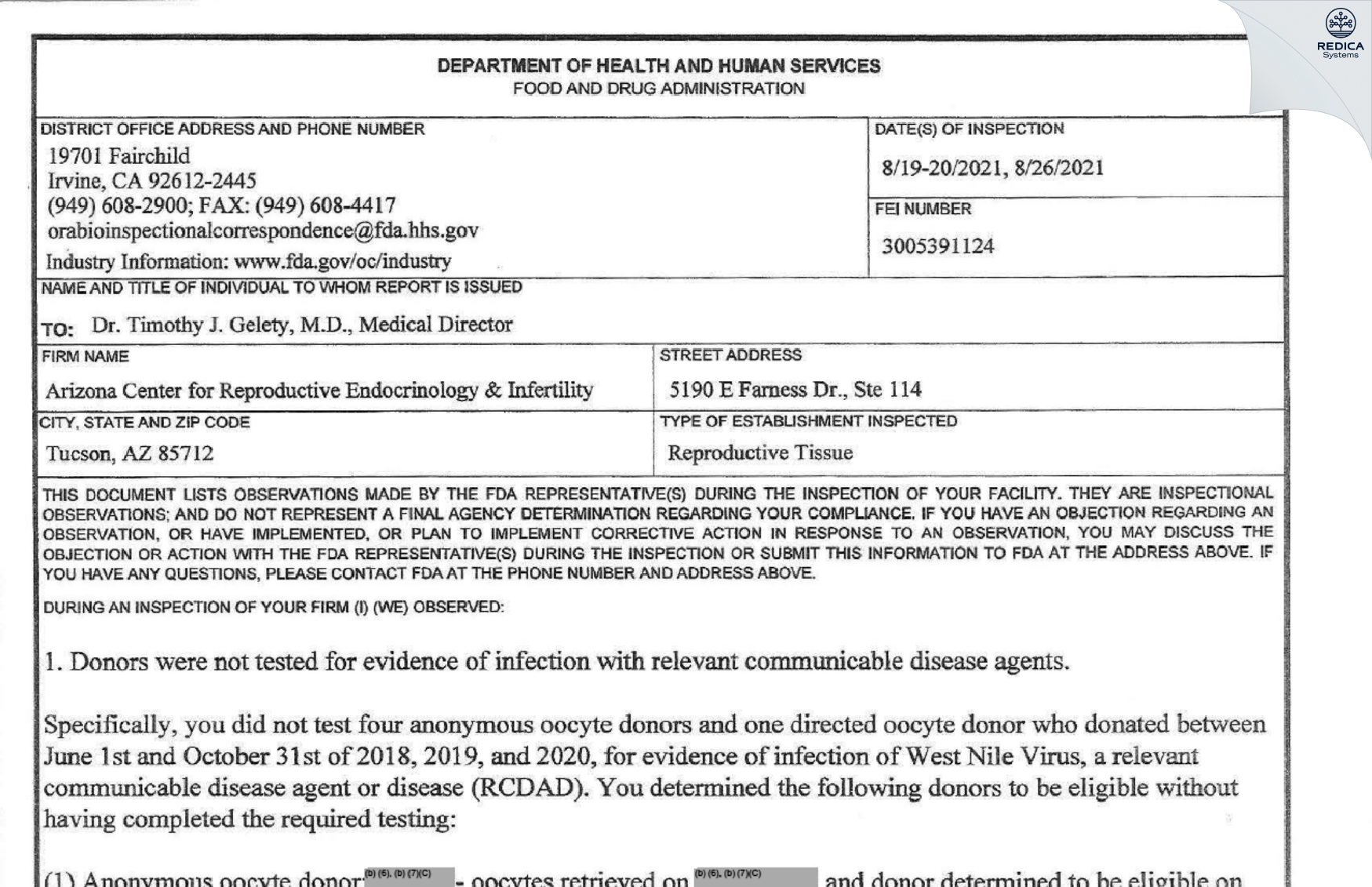 FDA 483 - Arizona Center for Reproductive Endocrinology & Infertility [Tucson / United States of America] - Download PDF - Redica Systems