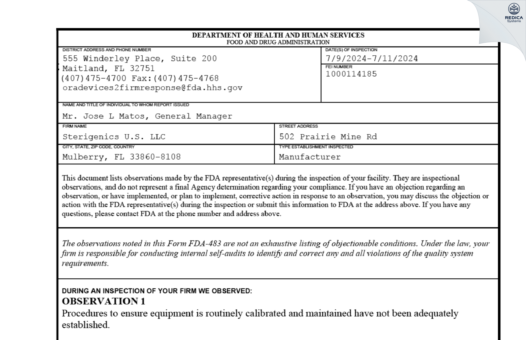 FDA 483 - Sterigenics U.S. LLC [Mulberry / United States of America] - Download PDF - Redica Systems