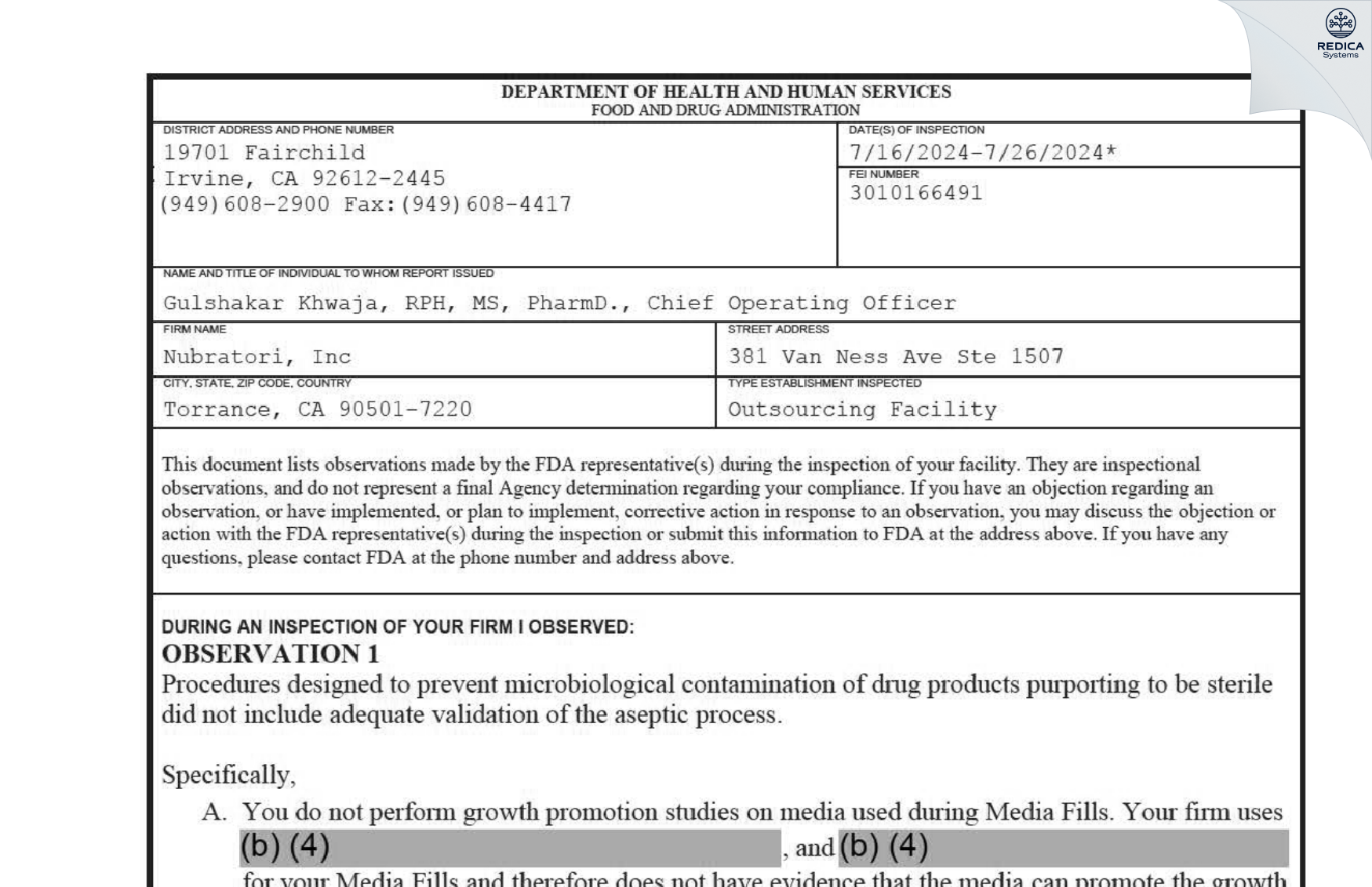 FDA 483 - Nubratori, Inc [Torrance / United States of America] - Download PDF - Redica Systems