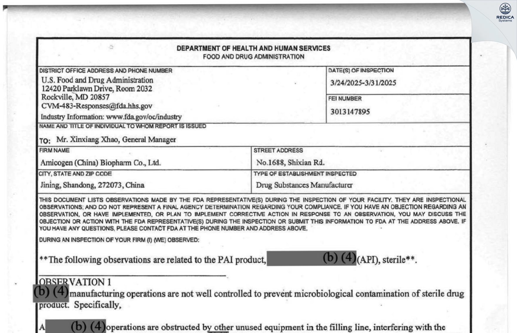 FDA 483 - Amicogen (China) Biopharm Co., Ltd [Jining / China] - Download PDF - Redica Systems